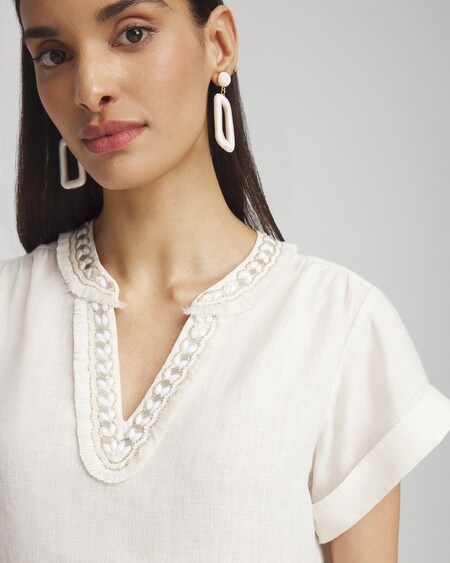 Shop Chico's Linen Embellished Neck Top In Ecru/white Size 16/18 |