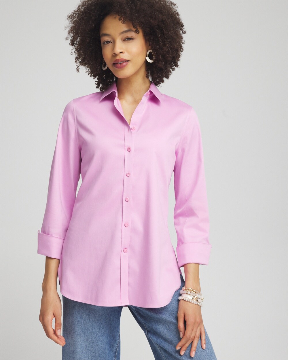 Shop Chico's No Iron 3/4 Sleeve Stretch Shirt In Cane Orchid Size Xl |