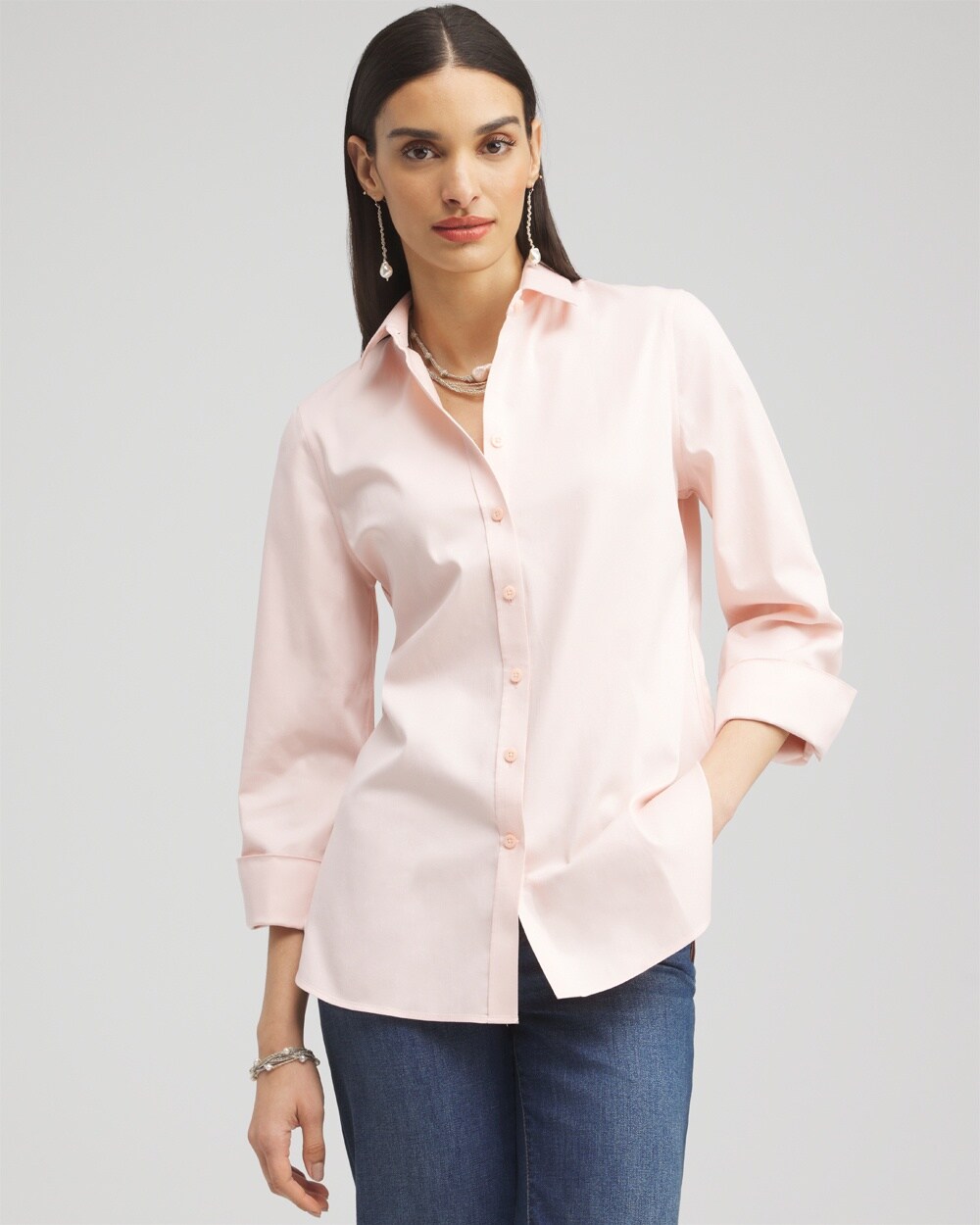 Shop Chico's No Iron 3/4 Sleeve Stretch Shirt In Pink Size Xl |  In Porcelain Rose