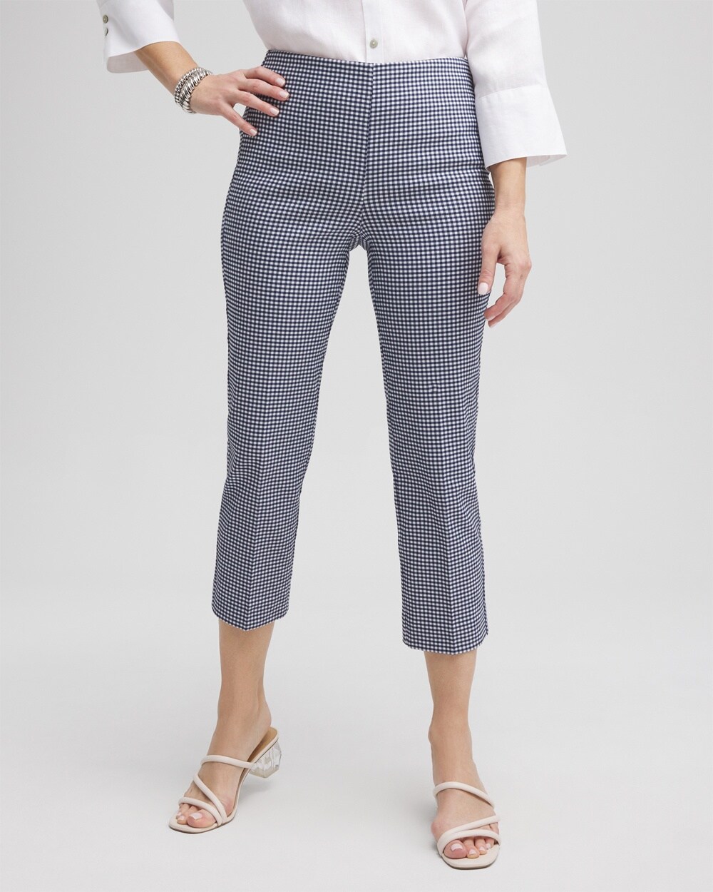 Chico's Juliet Gingham Straight Cropped Pants In White & Blue Print Size 14 |