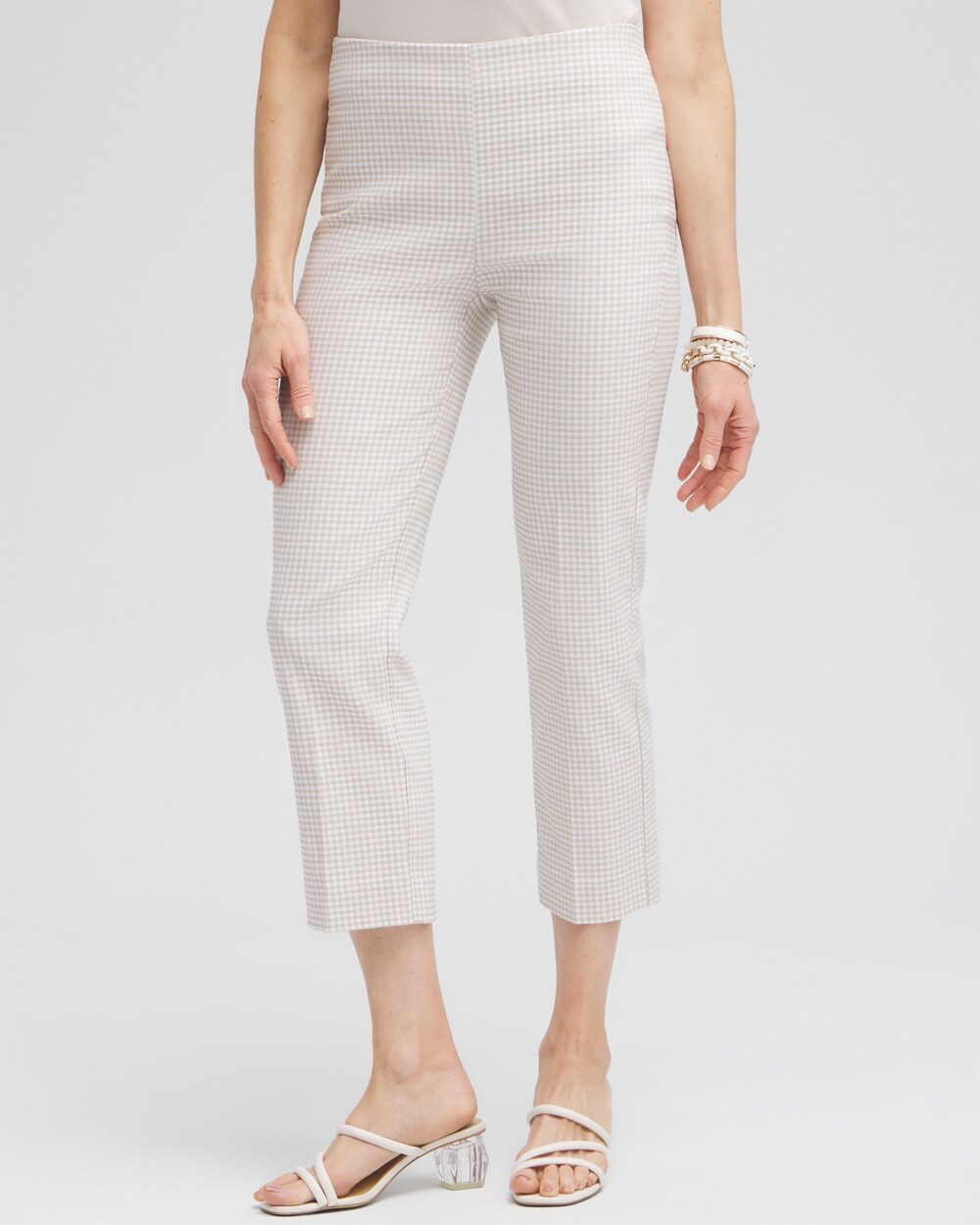 Chico's Juliet Gingham Straight Cropped Pants In Neutral Size 10 |  In Smokey Taupe/alabaster