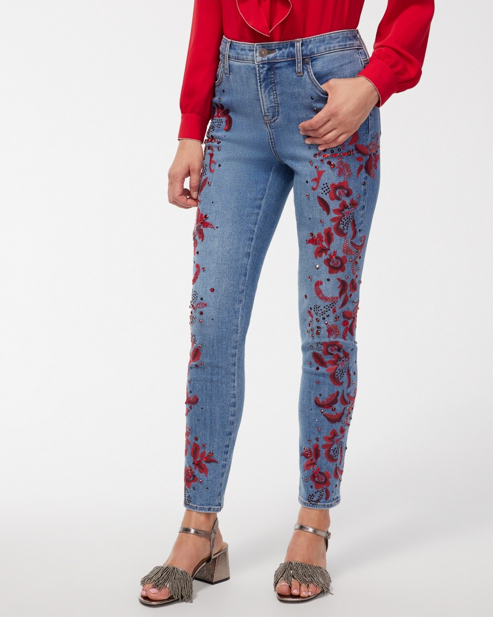 Girlfriend Red Embellished Ankle Jeans