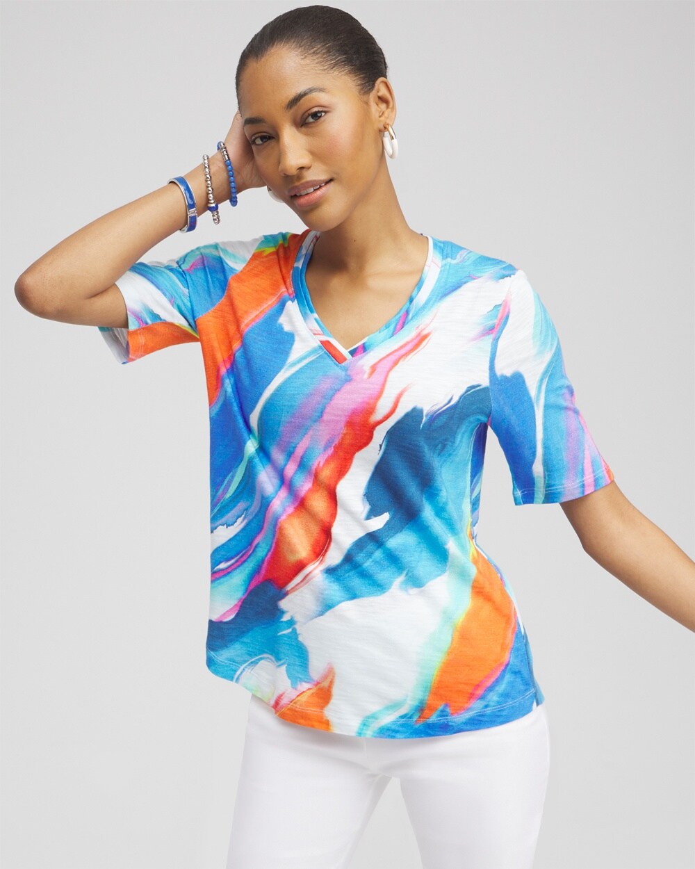 Chico's Abstract Elbow Sleeve A-line Tee In Intense Azure Size 4/6 |