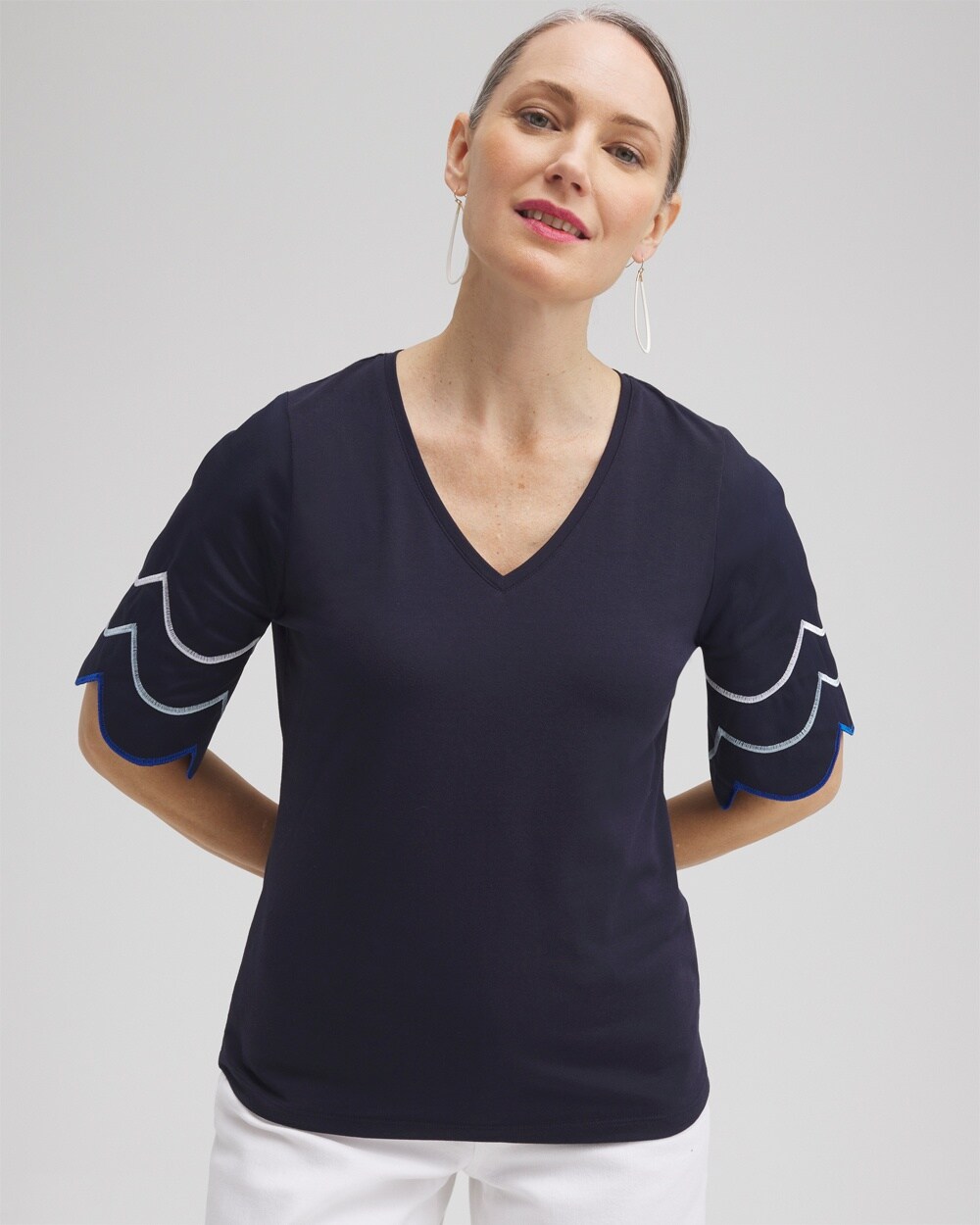 Chico's Embroidered Scallop Sleeve Top In Navy Blue Size 16/18 |