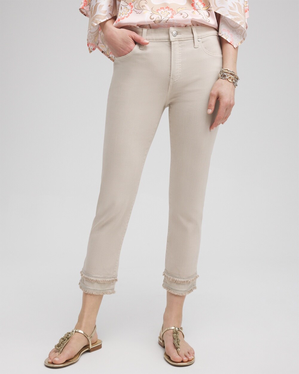Shop Chico's Girlfriend Embellished Fray Cropped Jeans In Light Tan Size 10 |
