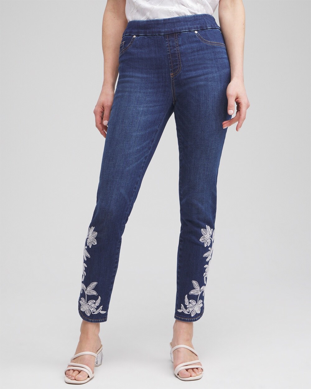 Shop Chico's Embroidered Pull-on Ankle Jeggings In Medium Wash Denim Size 8 |  In Morwenna Indigo