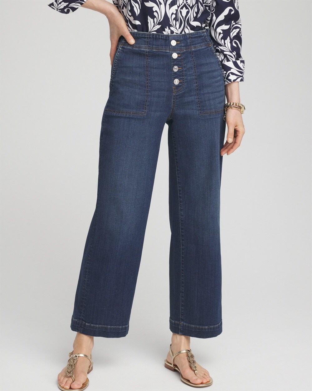 Shop Chico's Pull-on Wide Leg Cropped Pants In Medium Wash Denim Size 4p/6p |