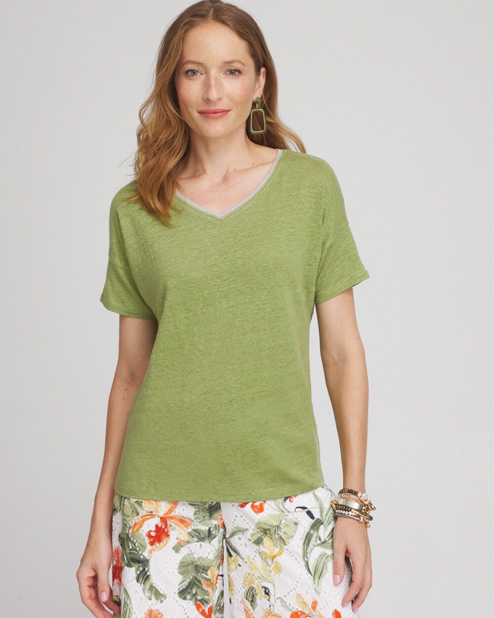 Shop Chico's Linen Sweater Trim Tee In Spanish Moss Size 8/10 |
