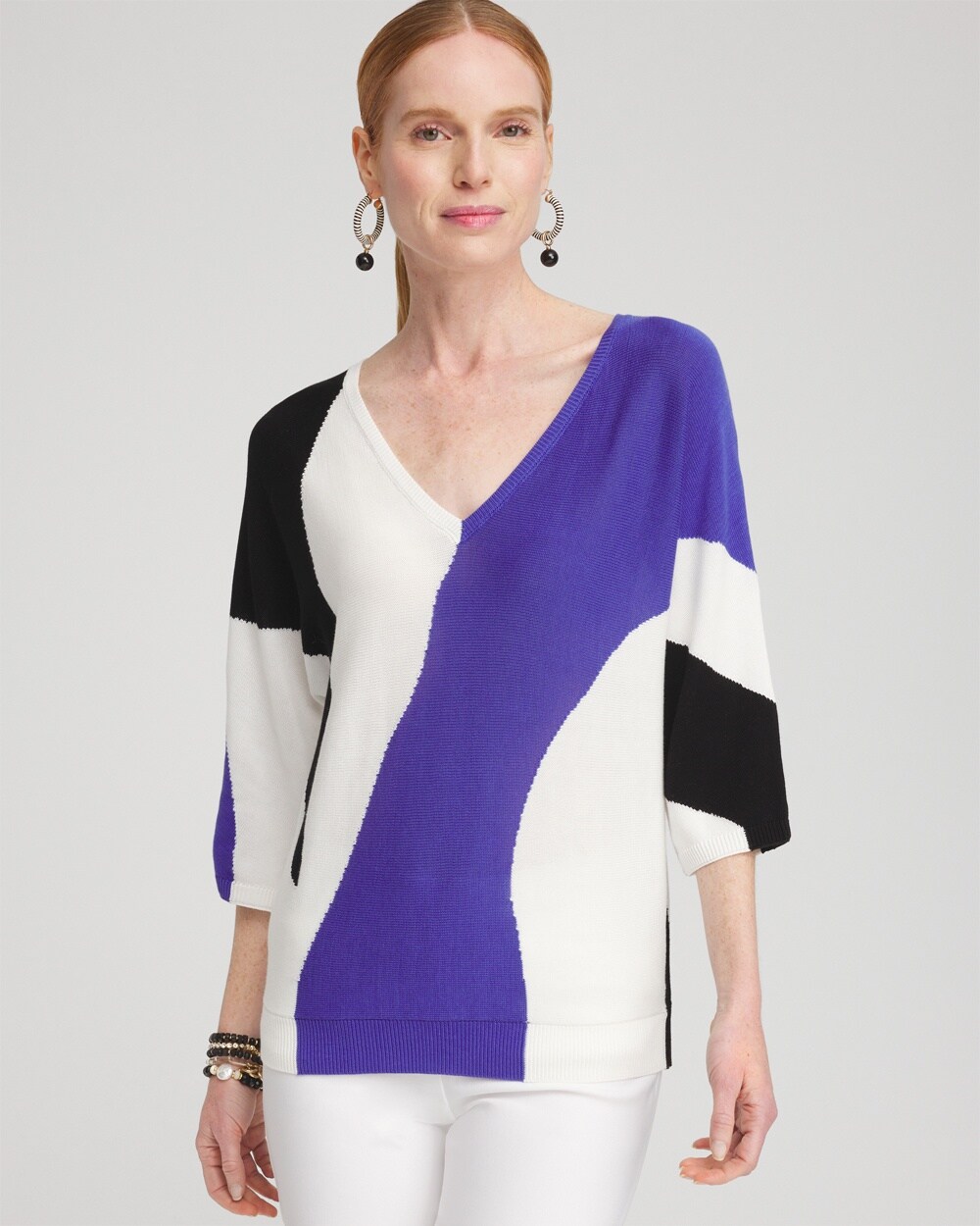 Shop Chico's Abstract Print Intarsia Sweater In Ecru/white Size 8/10 |  In Ecru White