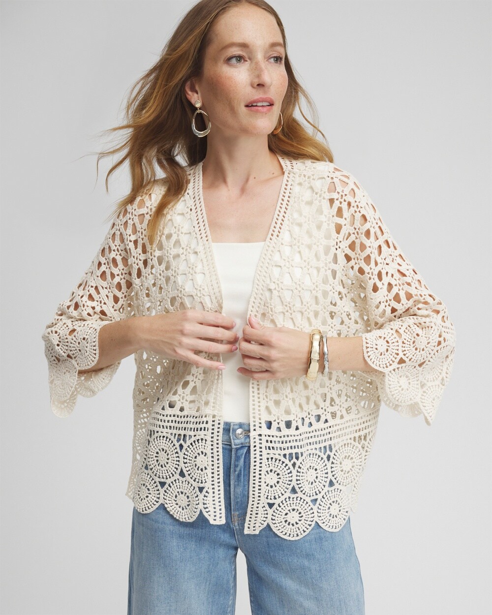 Shop Chico's Crochet Cotton Kimono In Off-white Size Xxs/xs |