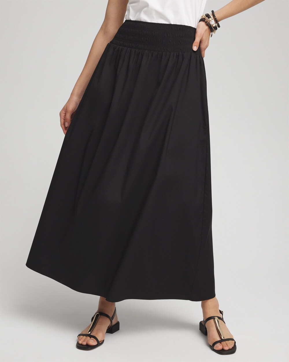 Chico's Poplin Smocked Waist Maxi Skirt In Black Size 12p/14p |